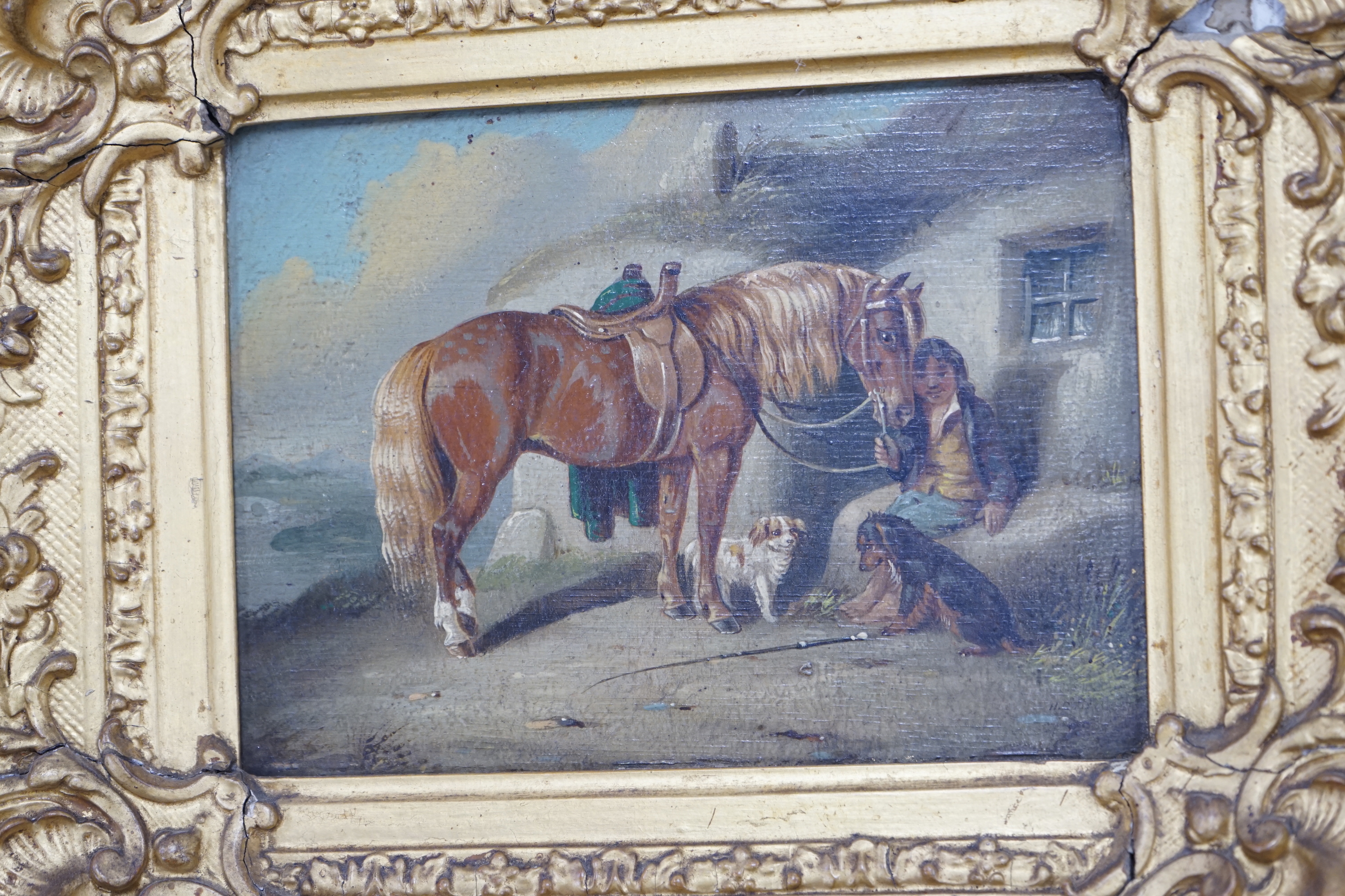 Henry S Cottrell (fl.1840-1860), two oils on board, associated pair of equestrian scenes, one signed, housed in ornate gilt frames, each 42 x 19cm